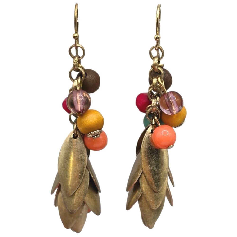 Earrings Artisan Tiered Botanical Motif Bronze Leaf Boho Dangle Beaded SKU 3287